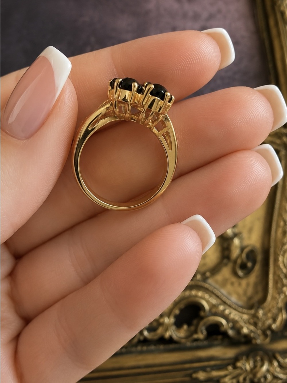 SETA •  Vintage Gold Black & Deep Rose Gemstone Statement Ring Abstract Cocktail - Picture 5 of 10